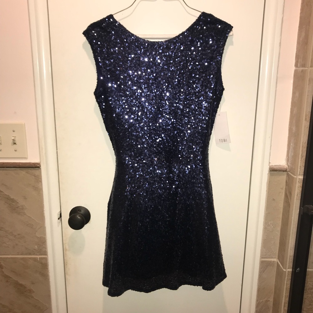Navy blue sequin low v-back mini skater dress